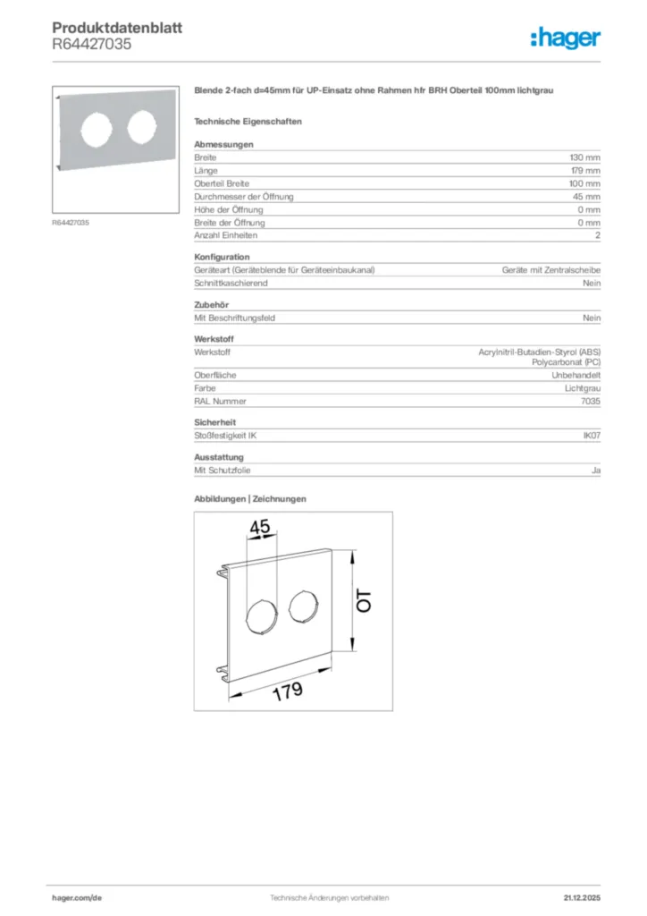 Bild Hager Produktdatenblatt R64427035 | Hager Deutschland