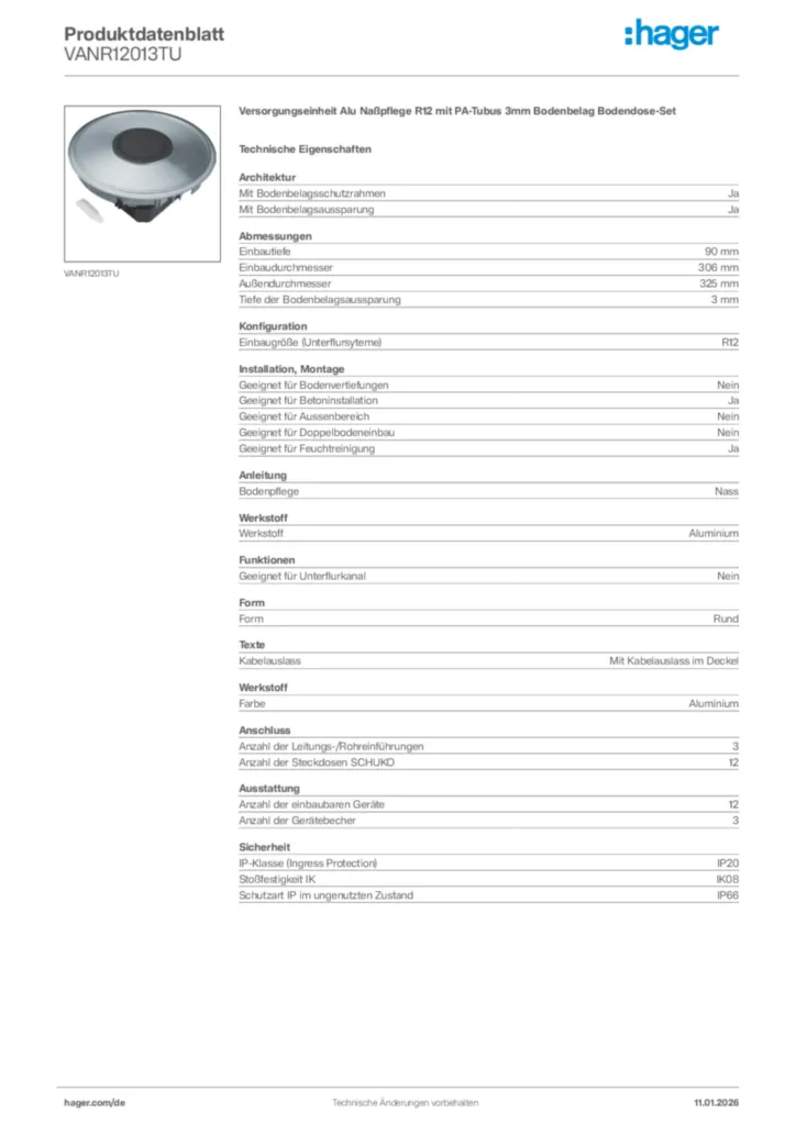 Bild Hager Produktdatenblatt VANR12013TU | Hager Deutschland