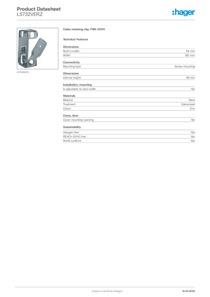 Image Hager Product data sheet L5732VERZ  | Hager Africa