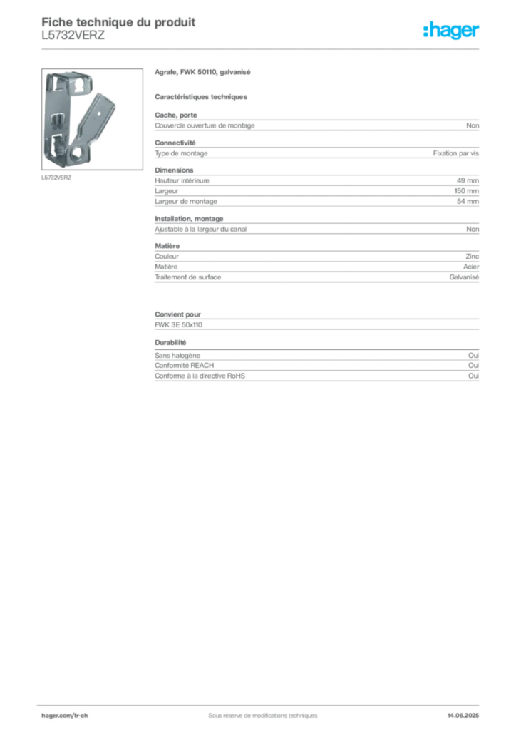 Image Hager Fiche technique du produit L5732VERZ | Hager Suisse