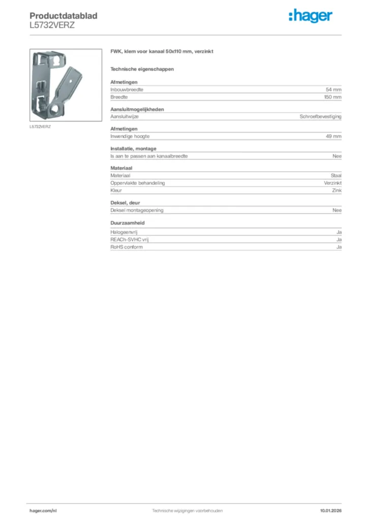 Afbeelding Hager Productdatablad L5732VERZ | Hager Nederland
