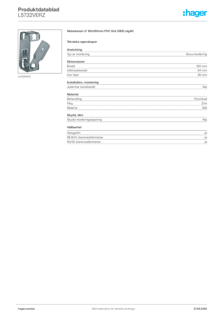 Bild Hager Produktdatablad L5732VERZ | Hager Sverige