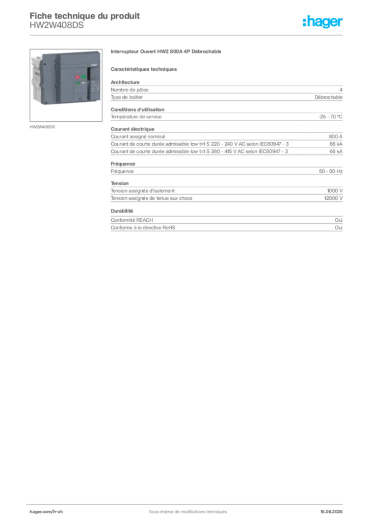 Image Hager Fiche technique du produit HW2W408DS | Hager Suisse