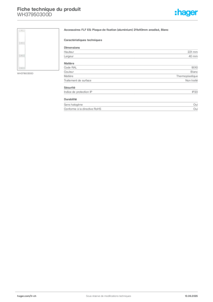 Image Hager Fiche technique du produit WH37950300D | Hager Suisse