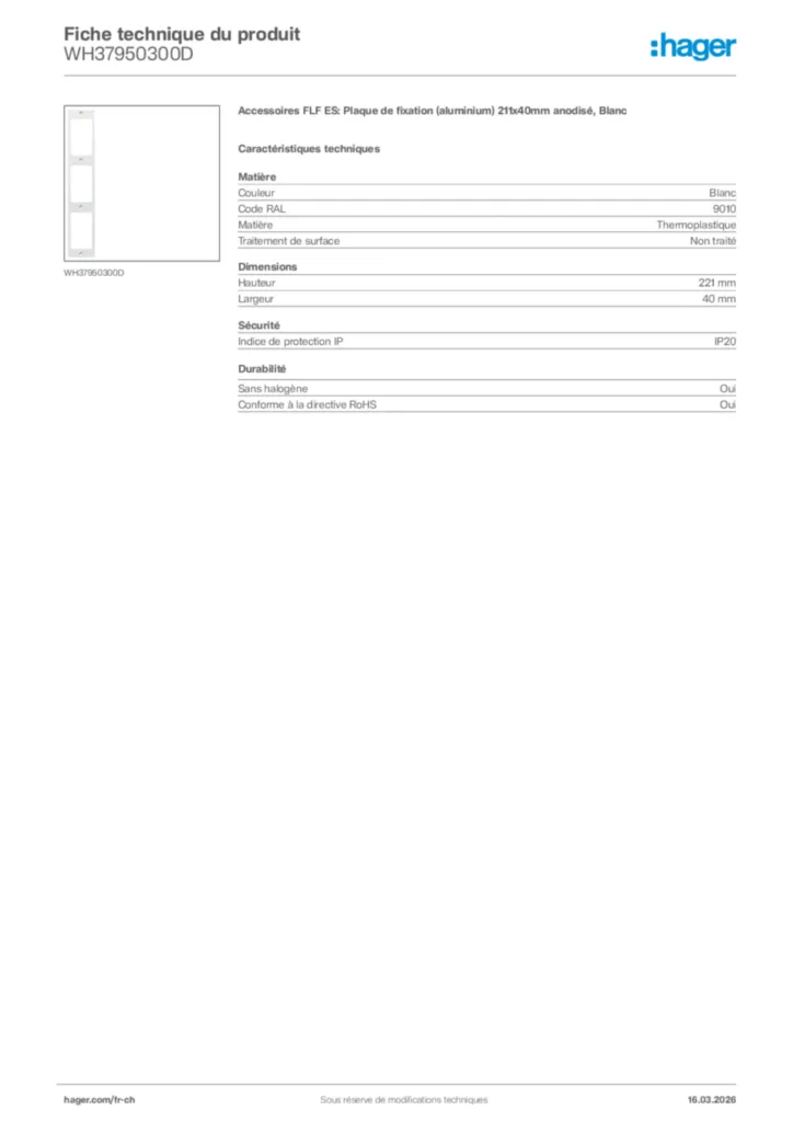 Image Hager Fiche technique du produit WH37950300D | Hager Suisse