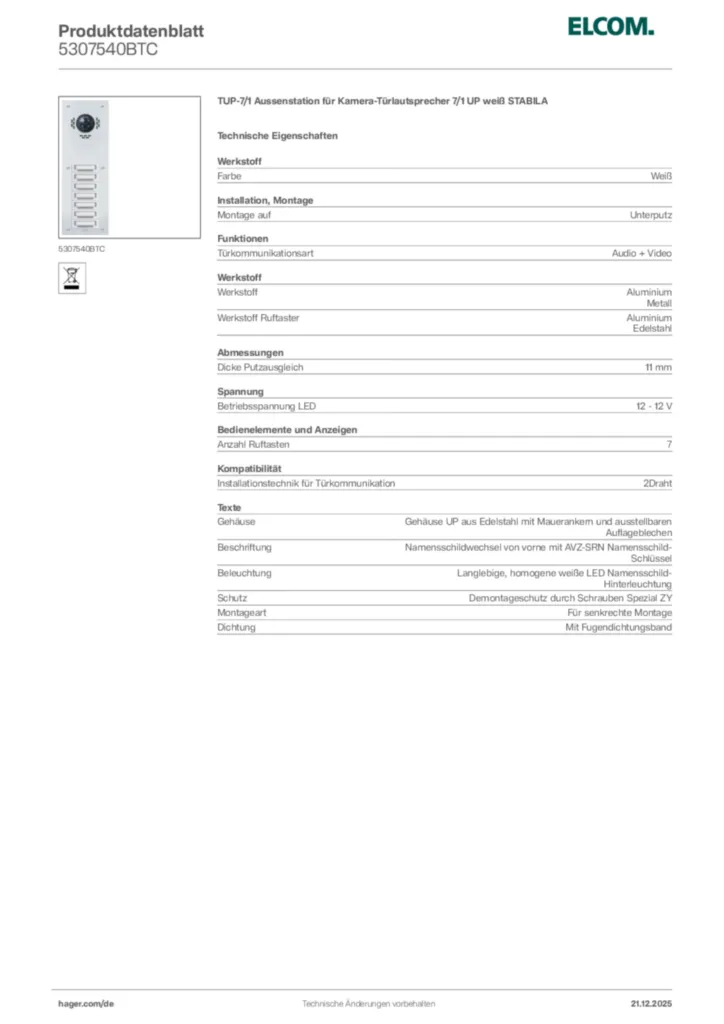Bild Elcom Produktdatenblatt 5307540BTC | Hager Deutschland