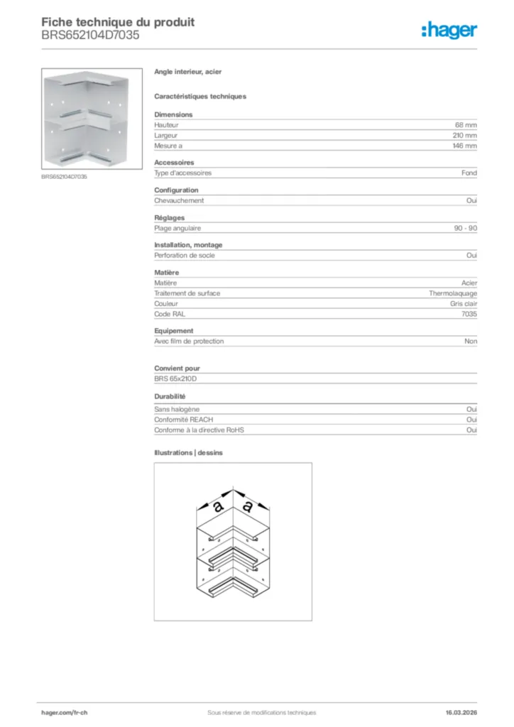 Image Hager Fiche technique du produit BRS652104D7035 | Hager Suisse