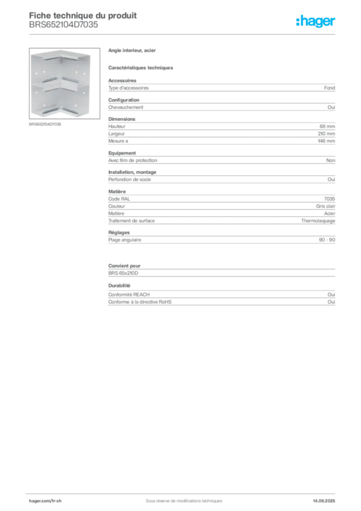 Image Hager Fiche technique du produit BRS652104D7035 | Hager Suisse