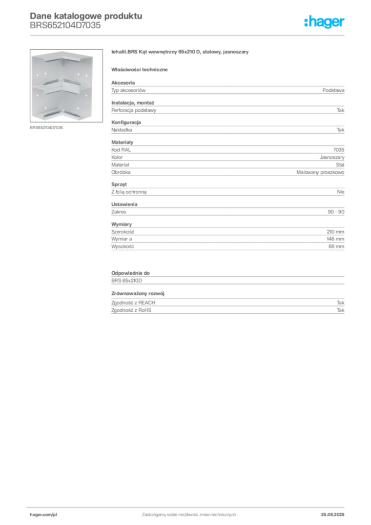 Zdjęcie Hager Dane katalogowe produktu BRS652104D7035 | Hager Polska