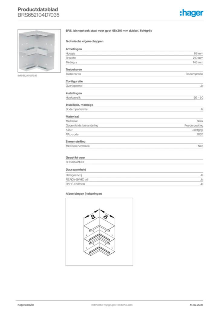 Afbeelding Hager Productdatablad BRS652104D7035 | Hager Nederland