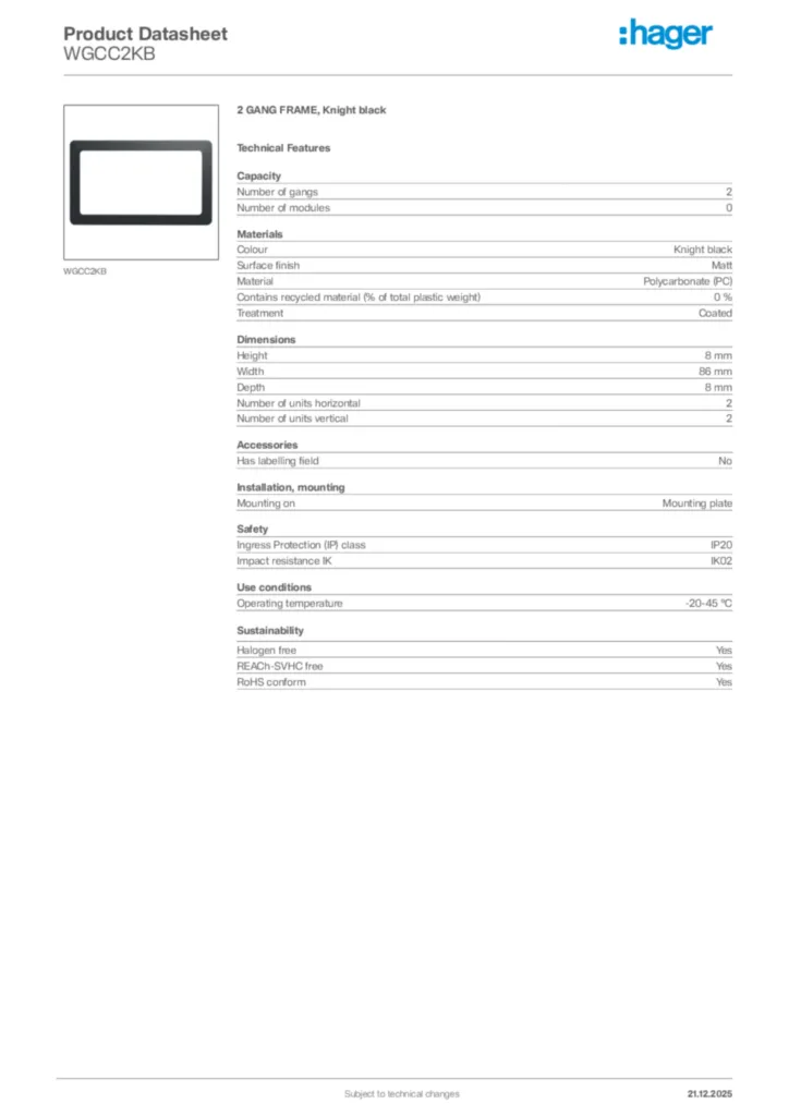Image Hager Product data sheet WGCC2KB  | Hager Africa