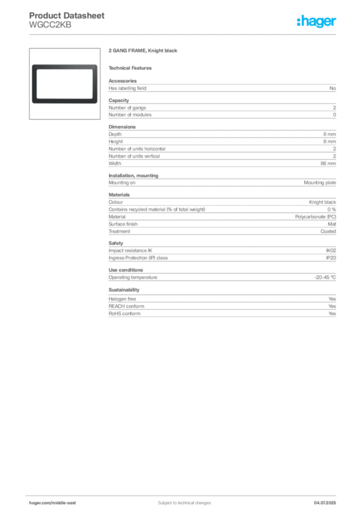 Image Hager Product data sheet WGCC2KB  | Hager