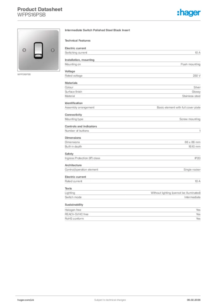 Image Hager Product data sheet WFPS16PSB  | Hager