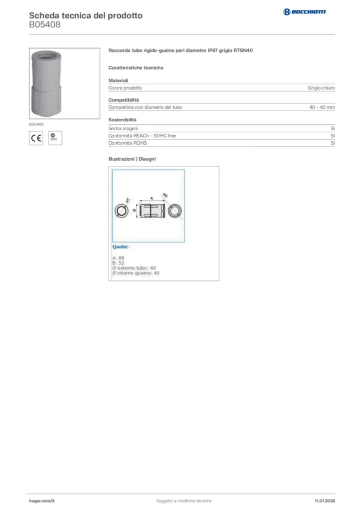Immagine Bocchiotti Scheda tecnica del prodotto B05408 | Hager Italia