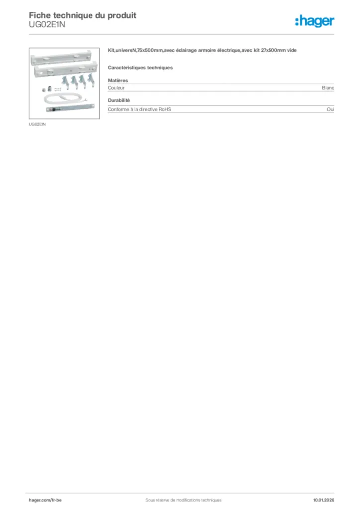 Image Hager Fiche technique du produit UG02E1N | Hager Belgique