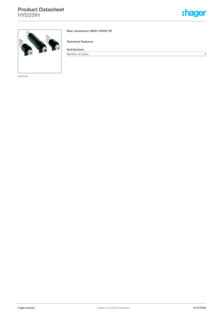 Image Hager Product data sheet HYE031H  | Hager Australia