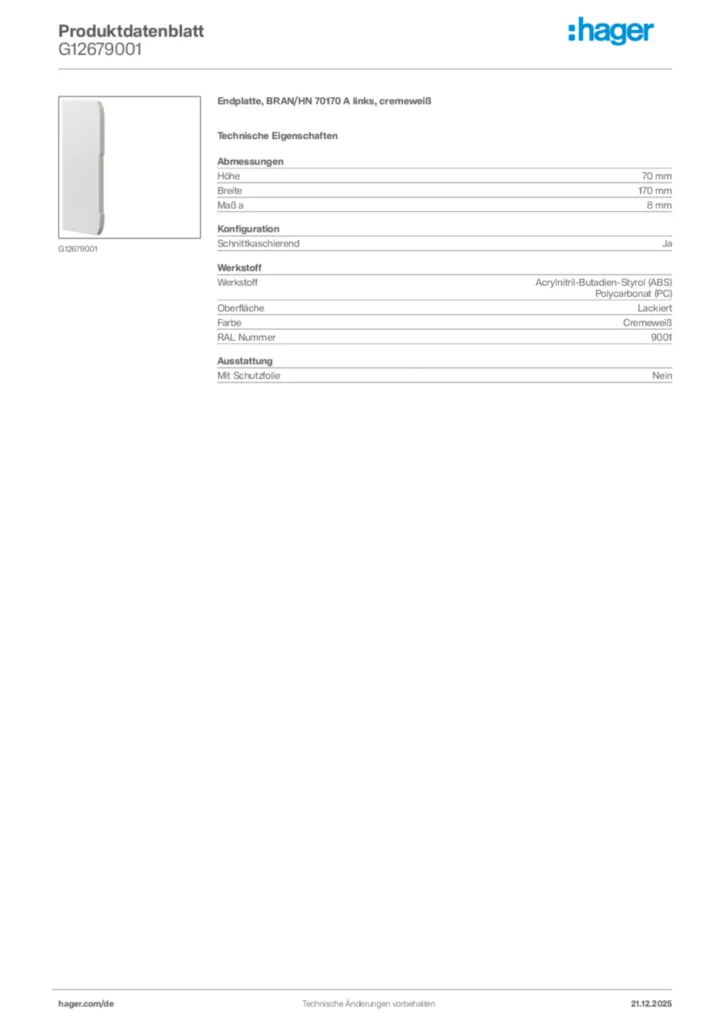 Bild Hager Produktdatenblatt G12679001 | Hager Deutschland