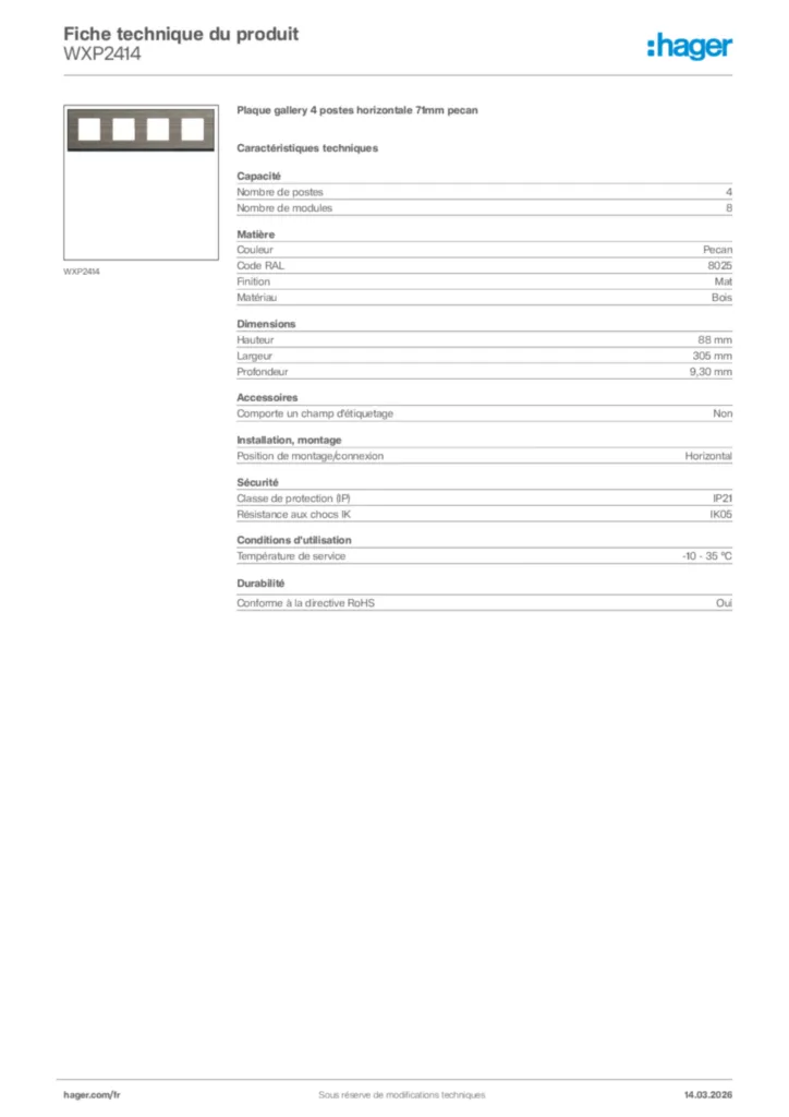 Image Hager Fiche technique du produit WXP2414 | Hager France