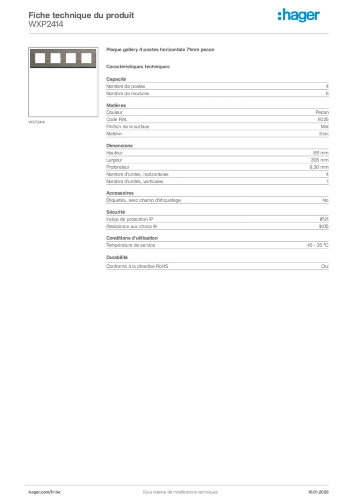 Image Hager Fiche technique du produit WXP2414 | Hager Belgique