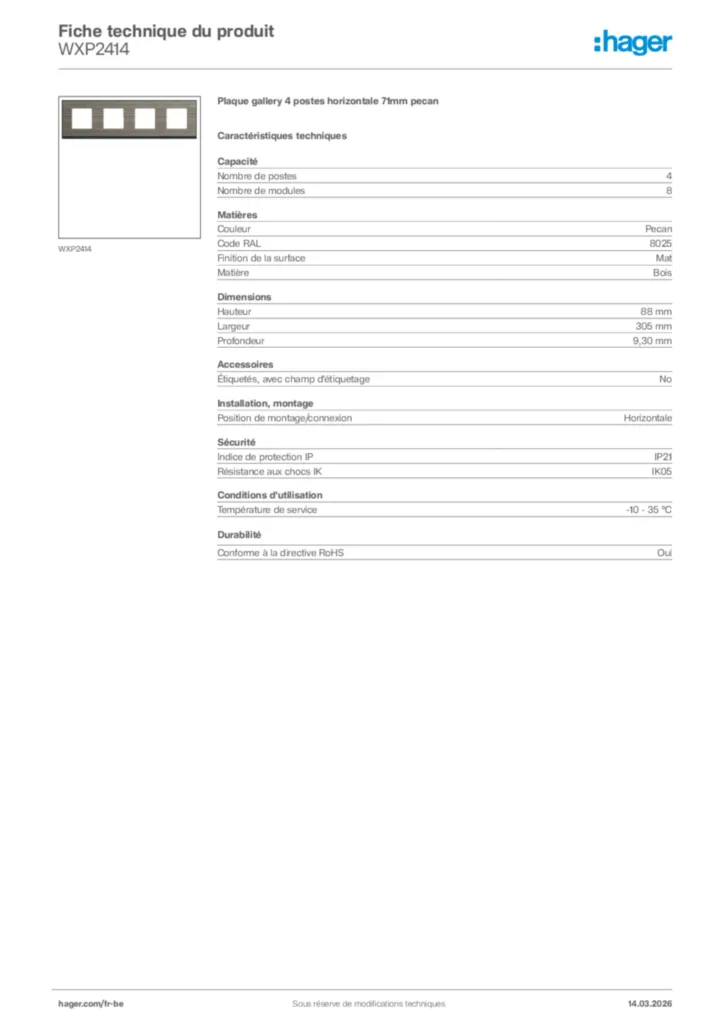 Image Hager Fiche technique du produit WXP2414 | Hager Belgique