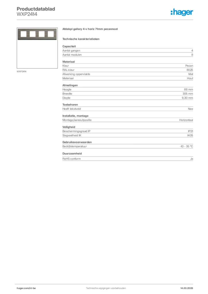 Afbeelding Hager Productdatablad WXP2414 | Hager Belgium