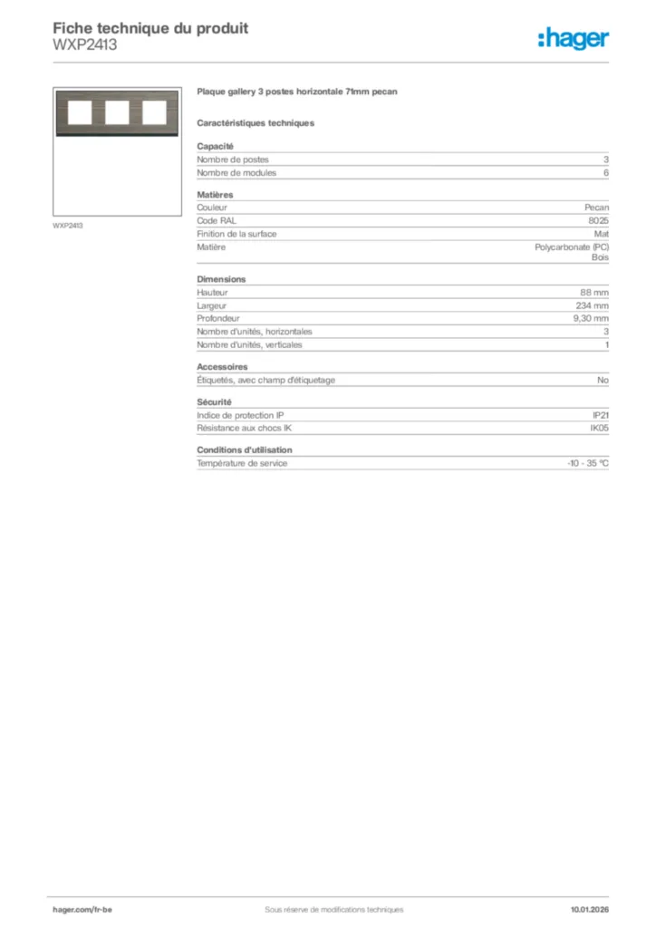 Image Hager Fiche technique du produit WXP2413 | Hager Belgique
