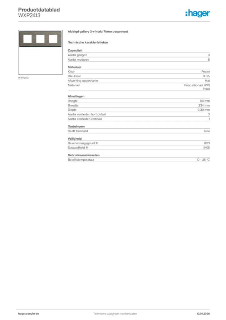 Afbeelding Hager Productdatablad WXP2413 | Hager Belgium