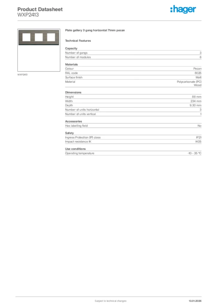 Image Hager Product data sheet WXP2413  | Hager