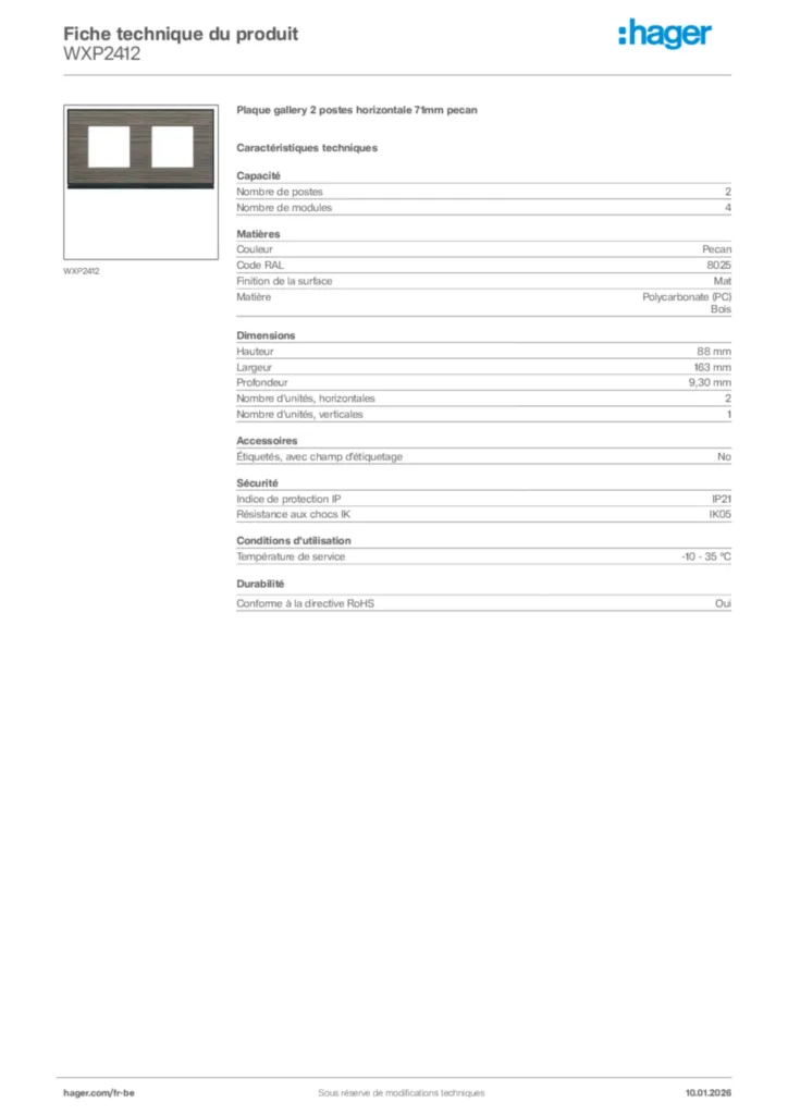 Image Hager Fiche technique du produit WXP2412 | Hager Belgique