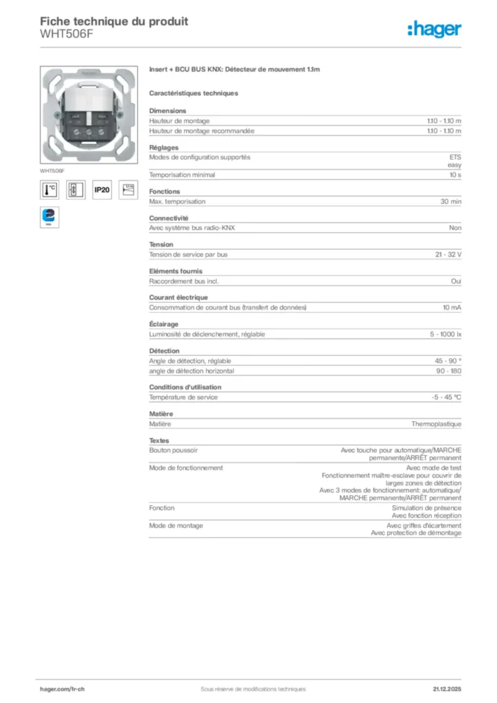 Image Hager Fiche technique du produit WHT506F | Hager Suisse