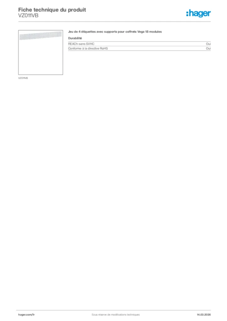 Image Hager Fiche technique du produit VZ011VB | Hager France