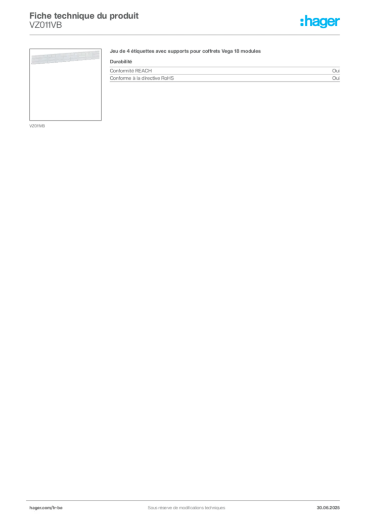 Image Hager Fiche technique du produit VZ011VB | Hager Belgique