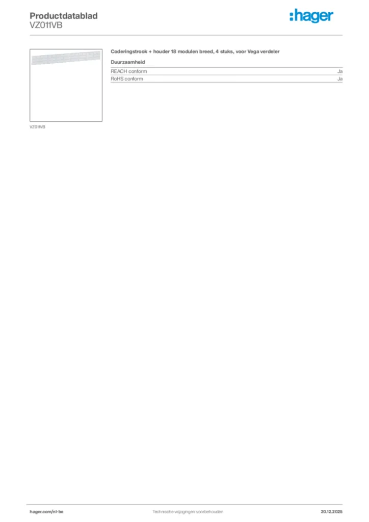 Afbeelding Hager Productdatablad VZ011VB | Hager Belgium