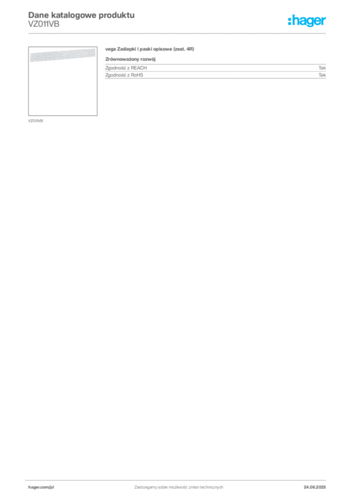 Zdjęcie Hager Dane katalogowe produktu VZ011VB | Hager Polska