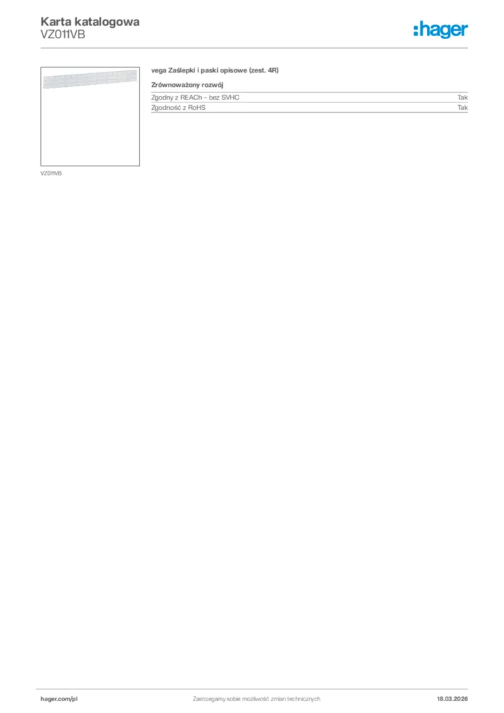 Zdjęcie Hager Karta katalogowa VZ011VB | Hager Polska