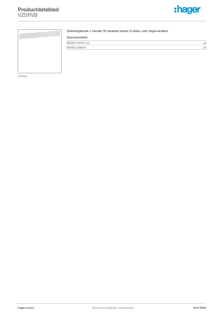Afbeelding Hager Productdatablad VZ011VB | Hager Nederland