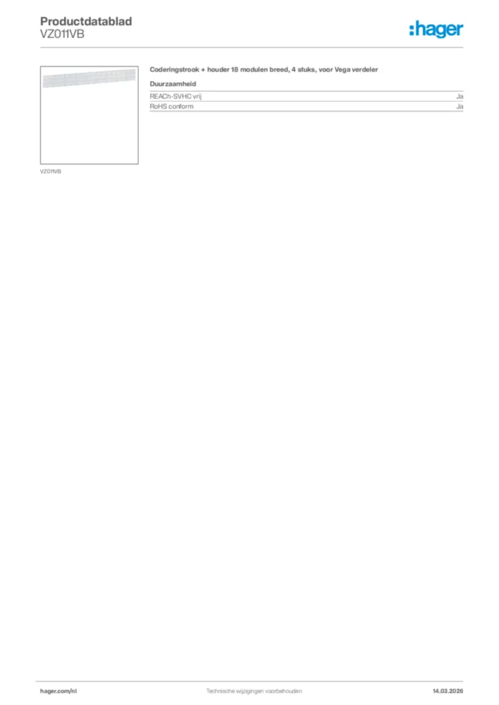 Afbeelding Hager Productdatablad VZ011VB | Hager Nederland