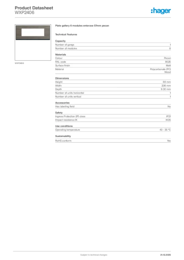 Image Hager Product data sheet WXP2406  | Hager Africa
