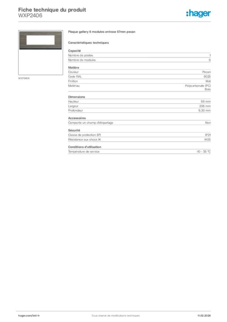 Image Hager Fiche technique du produit WXP2406 | Hager Afrique