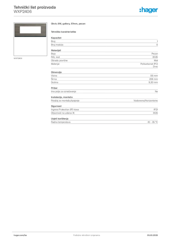 Slika Hager Tehnički list proizvoda WXP2406  | Hager