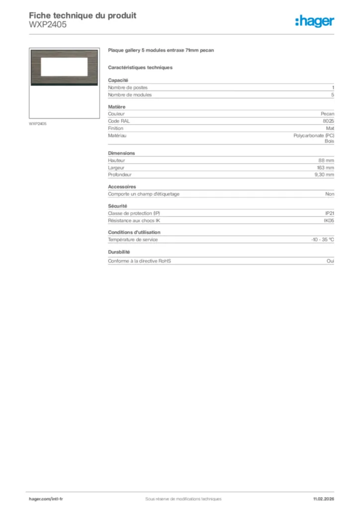 Image Hager Fiche technique du produit WXP2405 | Hager Afrique