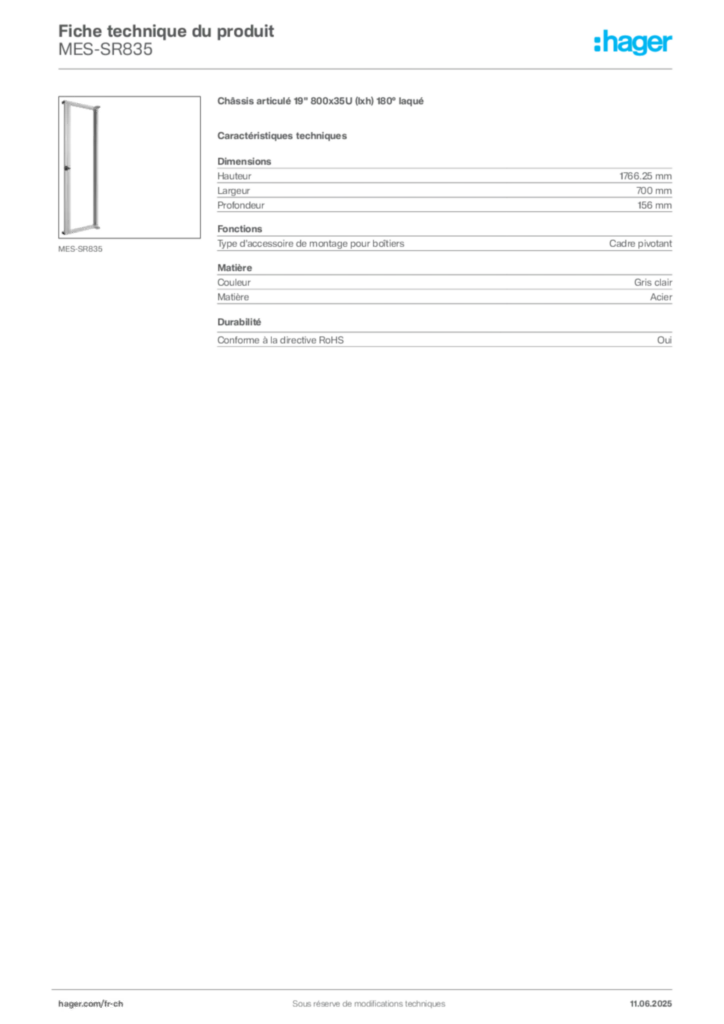 Image Hager Fiche technique du produit MES-SR835 | Hager Suisse
