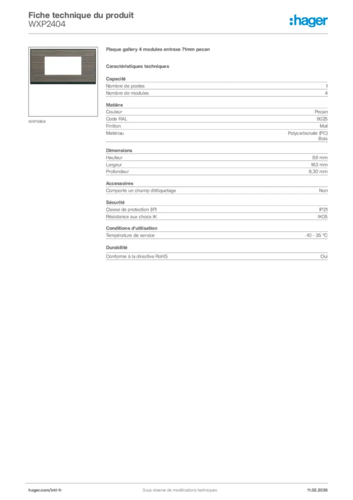 Image Hager Fiche technique du produit WXP2404 | Hager Afrique
