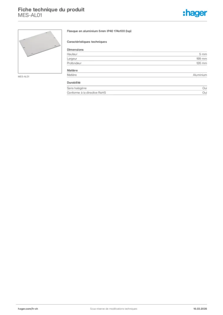Image Hager Fiche technique du produit MES-AL01 | Hager Suisse