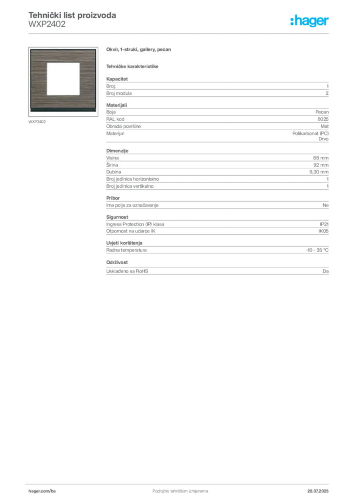 Slika Hager Product data sheet WXP2402  | Hager