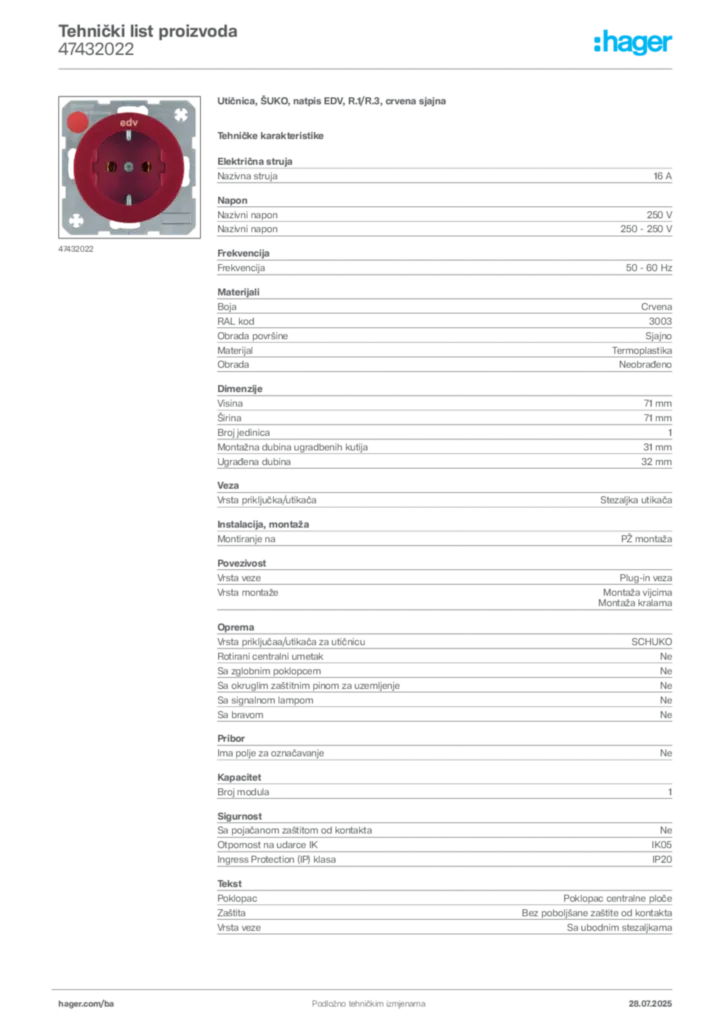 Slika Hager Product data sheet 47432022  | Hager