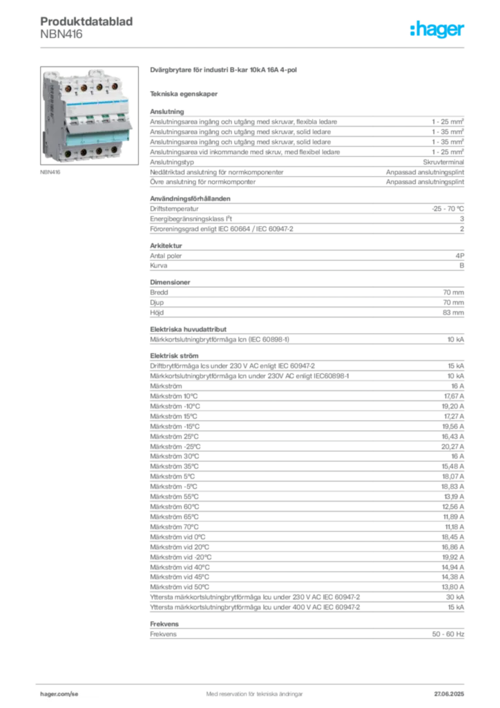 Bild Hager Produktdatablad NBN416 | Hager Sverige