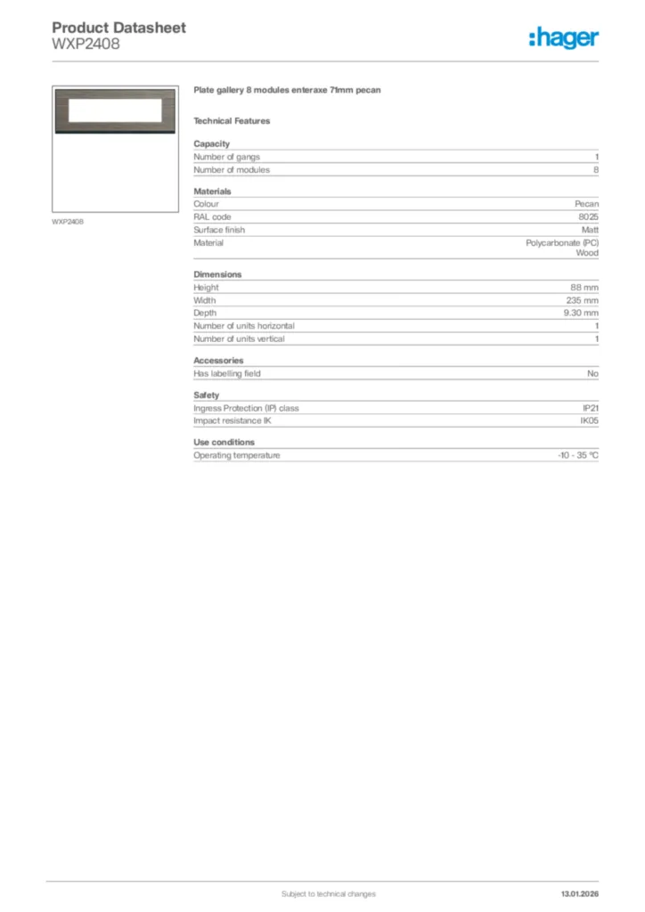 Image Hager Product data sheet WXP2408  | Hager
