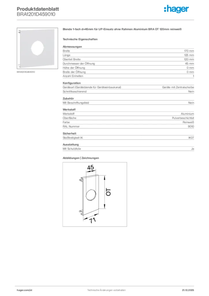 Bild Hager Produktdatenblatt BRA1201D459010 | Hager Deutschland