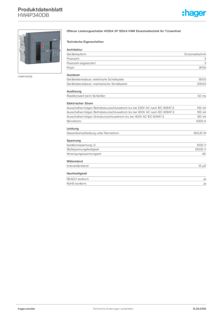 Bild Hager Produktdatenblatt HW4P340DB | Hager Deutschland